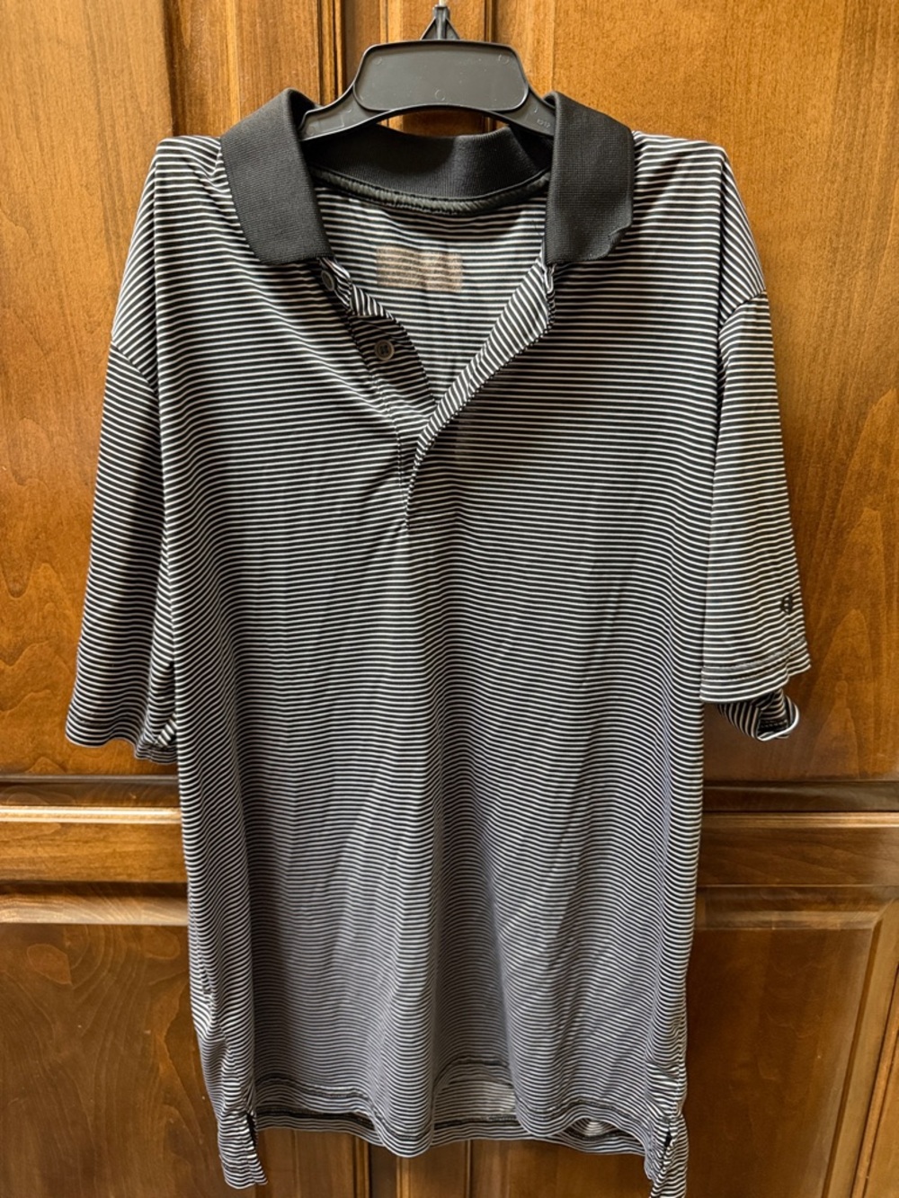 Men's Black and White Thin-Stripe Polo Shirt